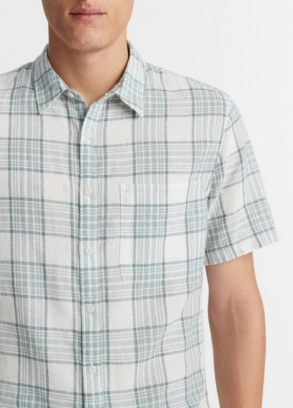 Mens Kino Plaid Linen-cotton Short-Sleeve Shirt, Mirage Teal/optic White, Size XL Vince Product Image