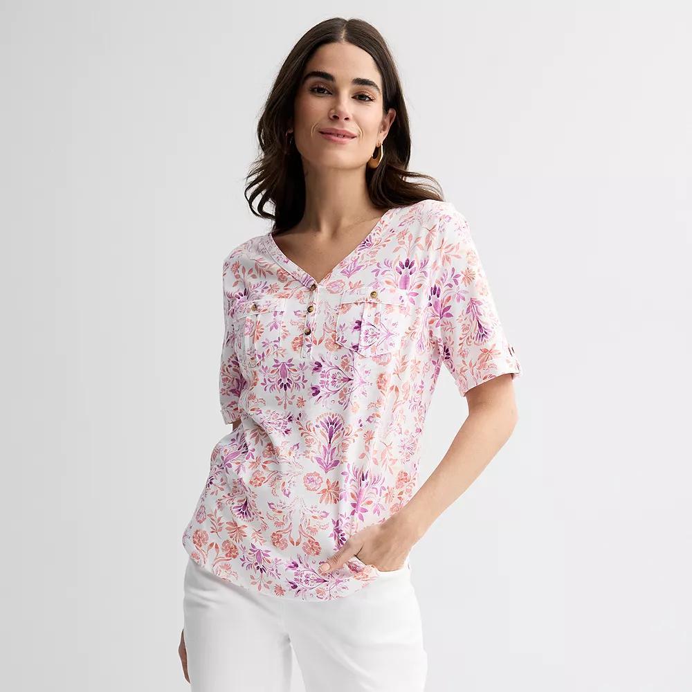 Women's Croft & Barrow® Elbow Sleeve Utility Henley Top, Size: Medium, Purple Spring Tile Product Image