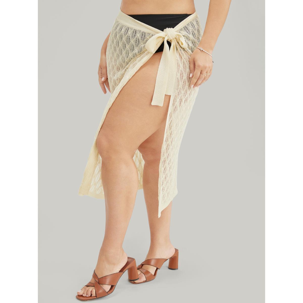 Plus Size Plain Argyle Knot Side Knit Skirt Women Beige Vacation Medium stretch Going out Skirts BloomChic 22-24/3X Product Image