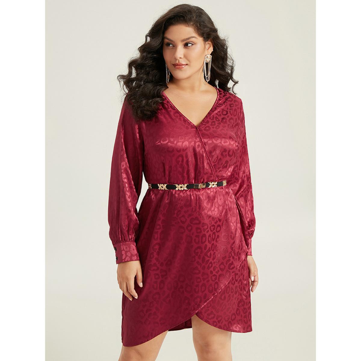 Plus Size Solid V Neck Gathered Wrap Hem Dress Scarlet Women Party Plain V-neck Long Sleeve Curvy Knee Dress BloomChic 14-16/1X Product Image