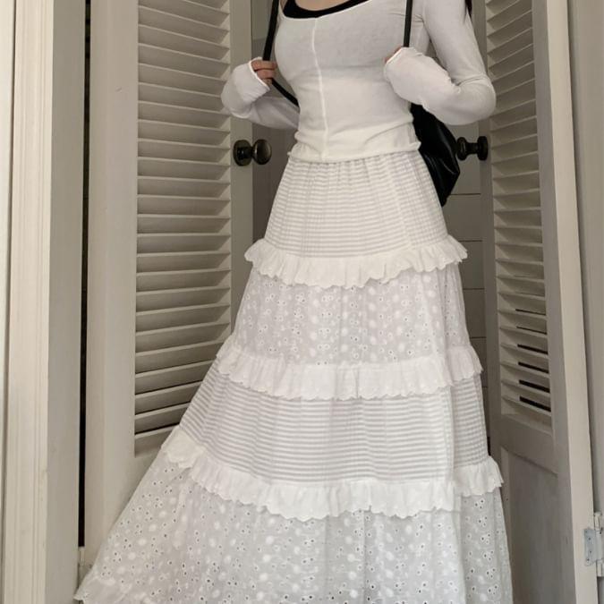 High Waist Plain Eyelet Lace Panel Tiered Midi A-Line Skirt Product Image