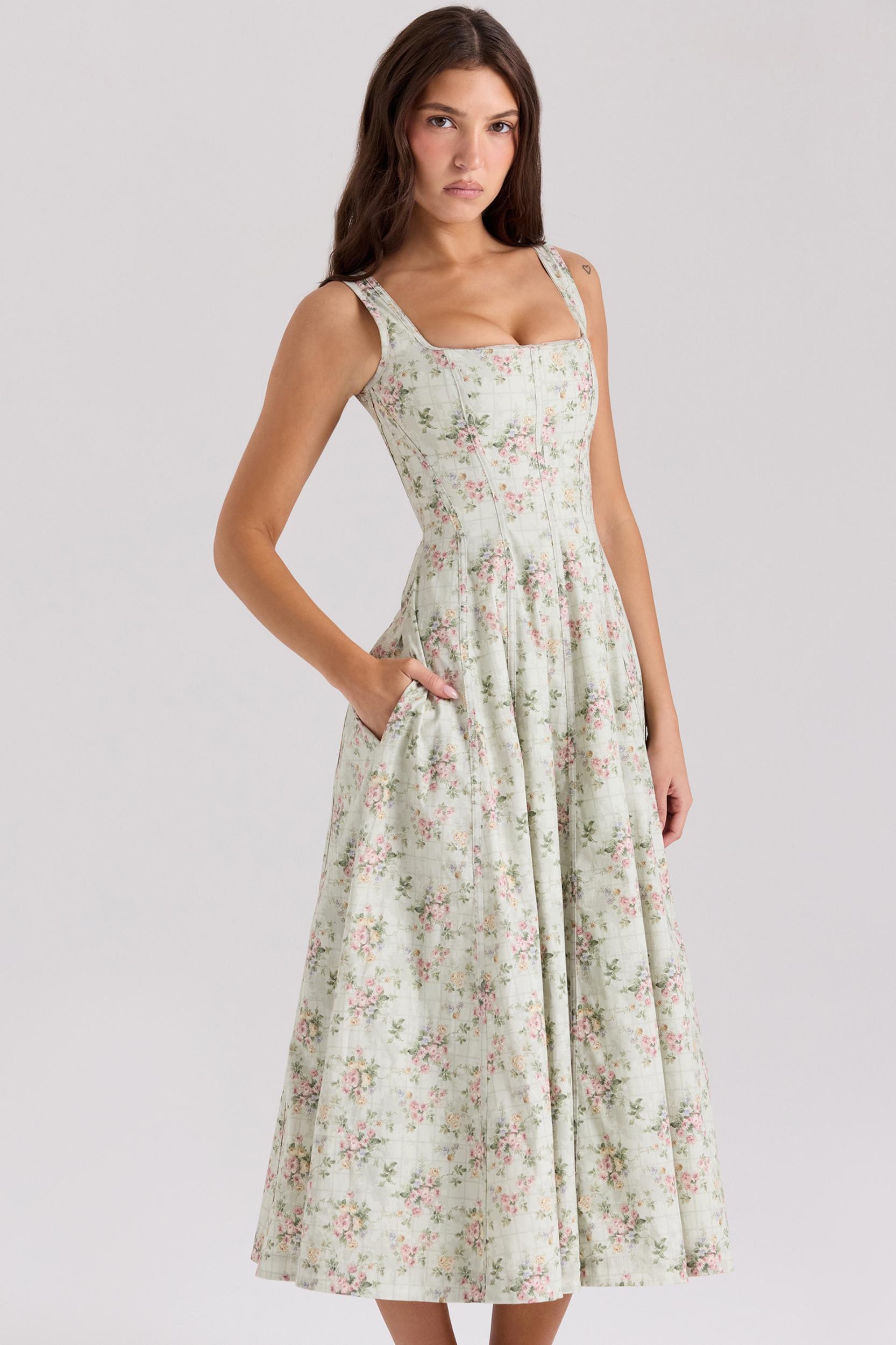 Mariabella  sage floral print cotton midi dress Product Image