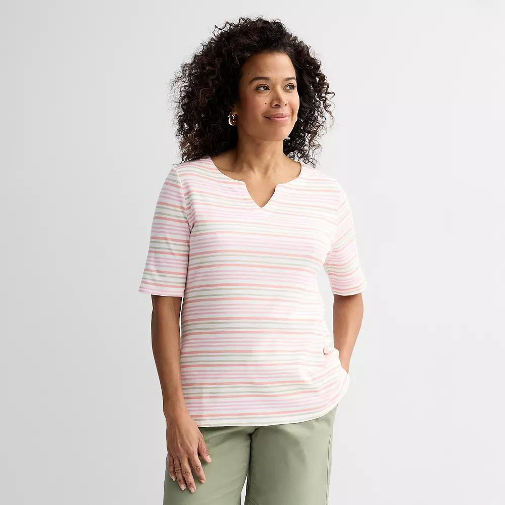 Petite Croft & Barrow® Elbow Sleeve Splitneck Top, Women's, Size: Small Petite, Pink Tidy Stripe Product Image
