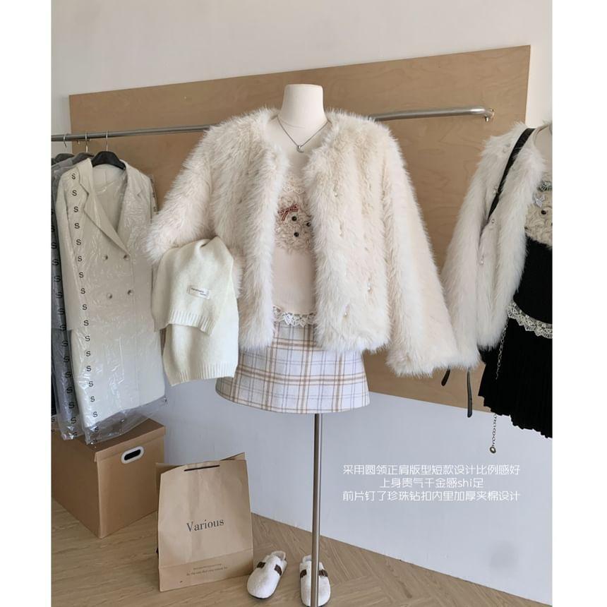 Round Neck Beaded Fluffy Jacket Product Image