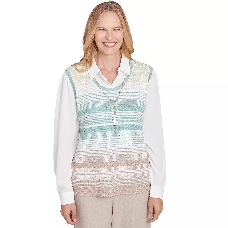 Petite Alfred Dunner Striped Vest Collared Two in One Sweater with Necklace, Women's, Size: Large Petite, Neutral Team Product Image
