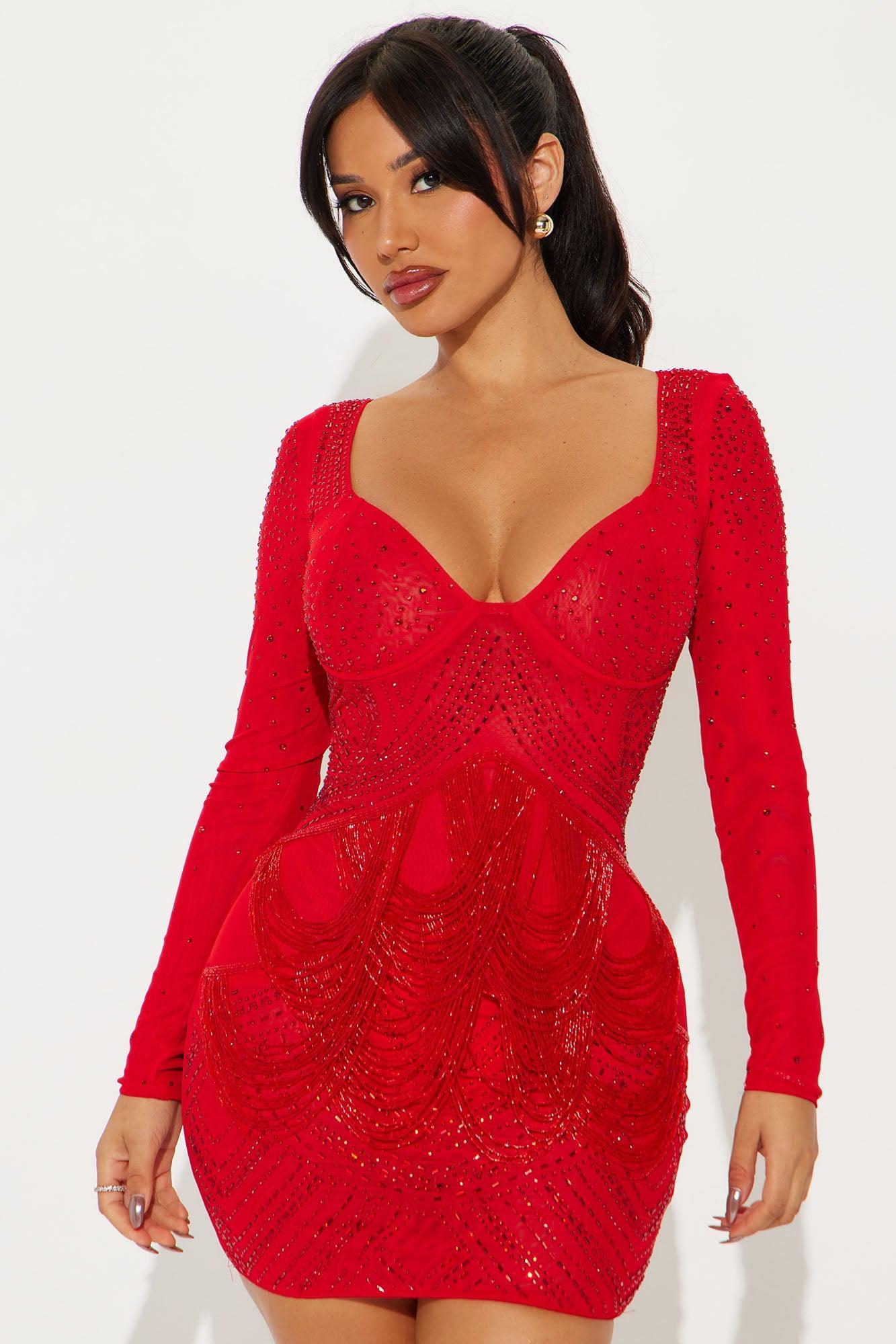 Celeste Rhinestone Mini Dress - Red Product Image