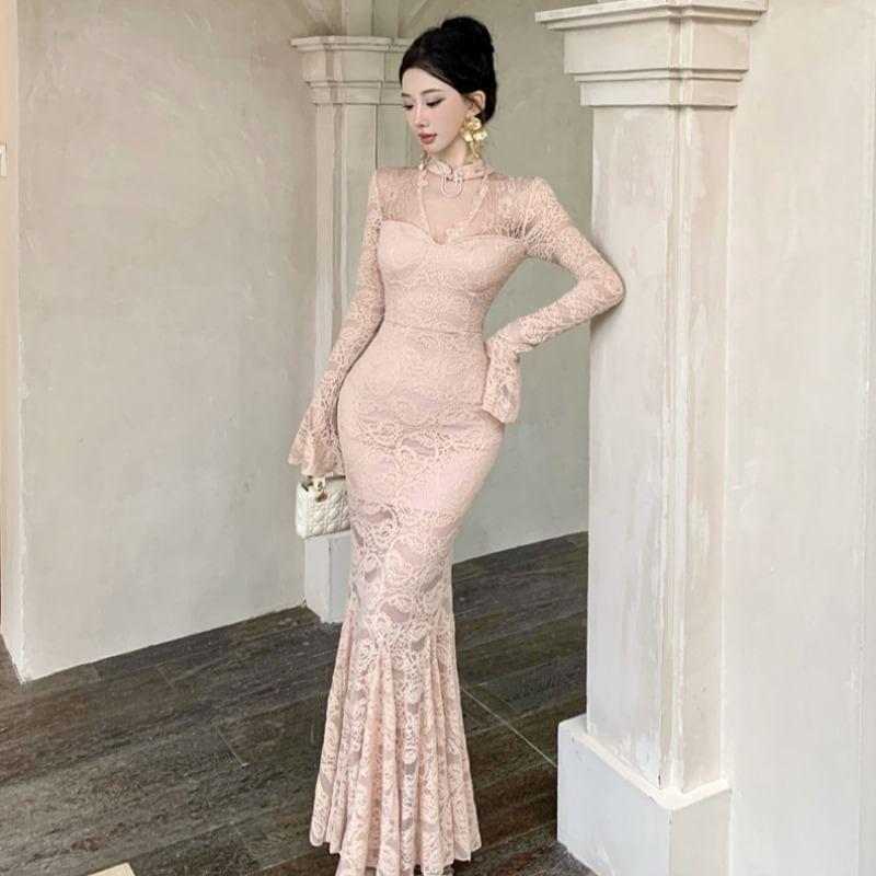Bell-Sleeve Stand Collar Midi Lace Mermaid Dress Product Image