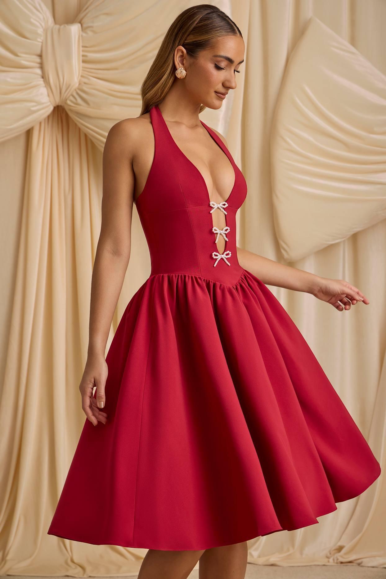 Halterneck Bow-Detail Midi Dress in True Red Product Image
