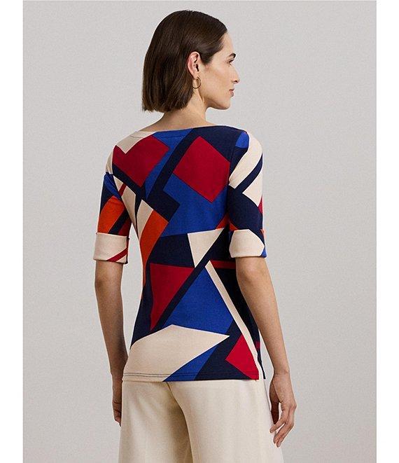 Lauren Ralph Lauren Petite Size Stretch Cotton Abstract Print Boat Neck Elbow Length Sleeve Top Product Image
