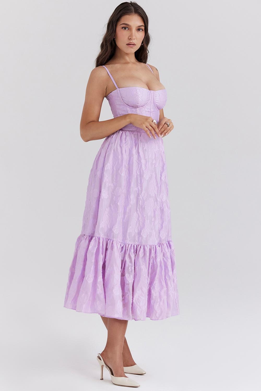 Mira Orchid Floral Jacquard Tiered Midi Dress Product Image