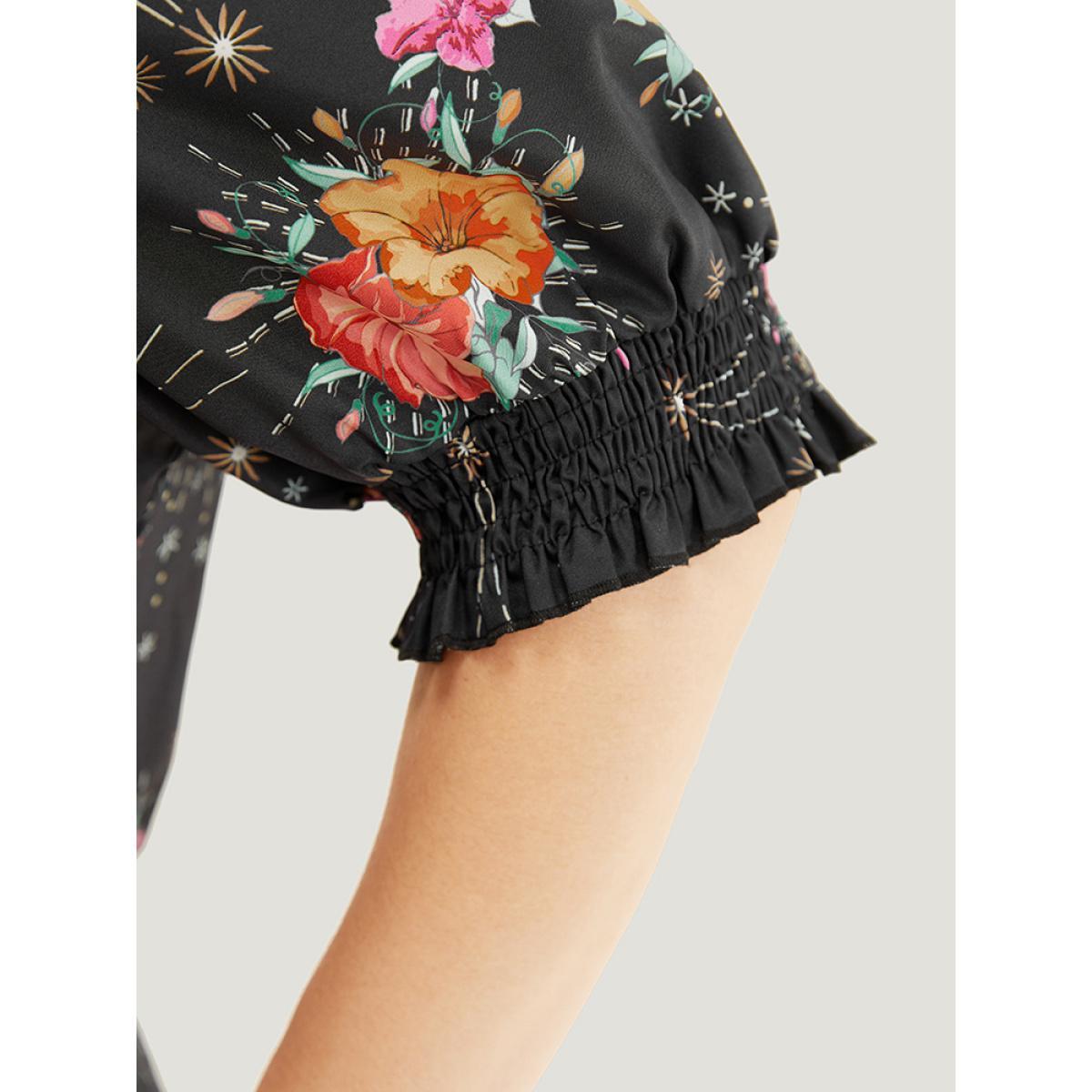 Plus Size BlackFlower Floral Shirred Puff Sleeve Blouse Women Glamour Short sleeve V-neck Going out Blouses BloomChic 14-16/1X Product Image