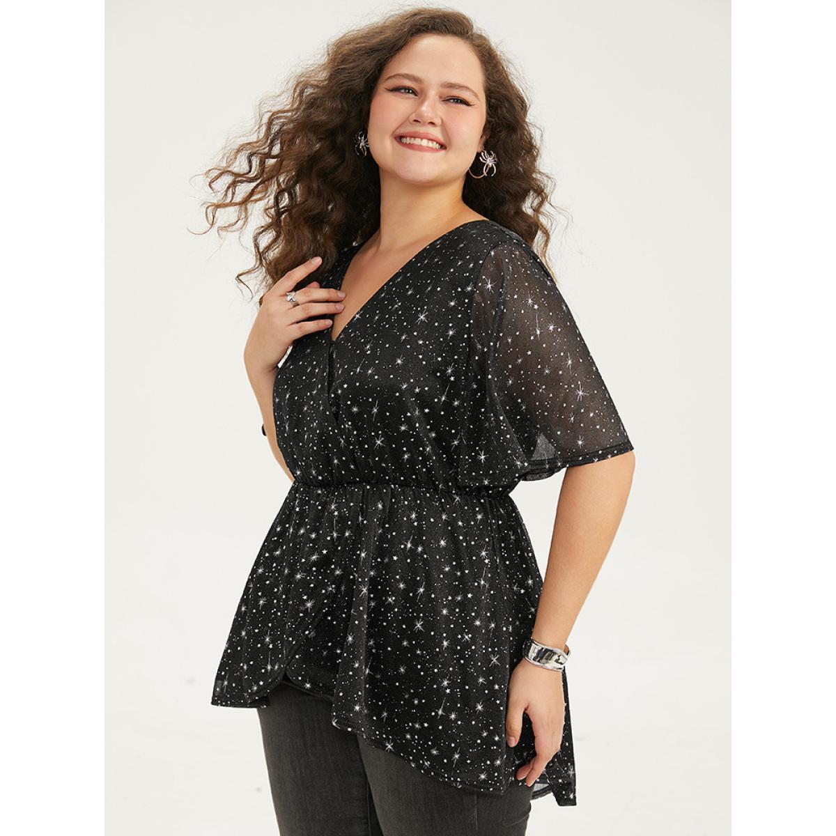 Plus Size Black Halloween Star Glitter Wrap Mesh Flutter Sleeve Blouse Women Elegant Short sleeve V-neck Festival-Halloween Blouses BloomChic 18-20/2X Product Image