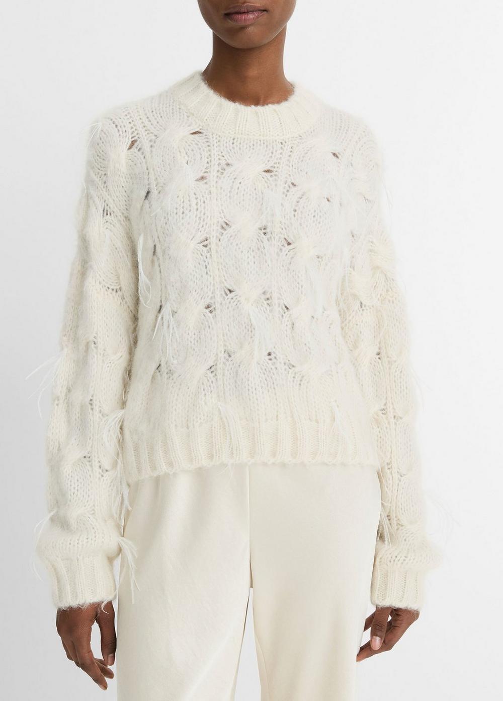 Womens Feather-Appliqud Italian Cable-Knit Sweater, Off White, Size S Vince Product Image