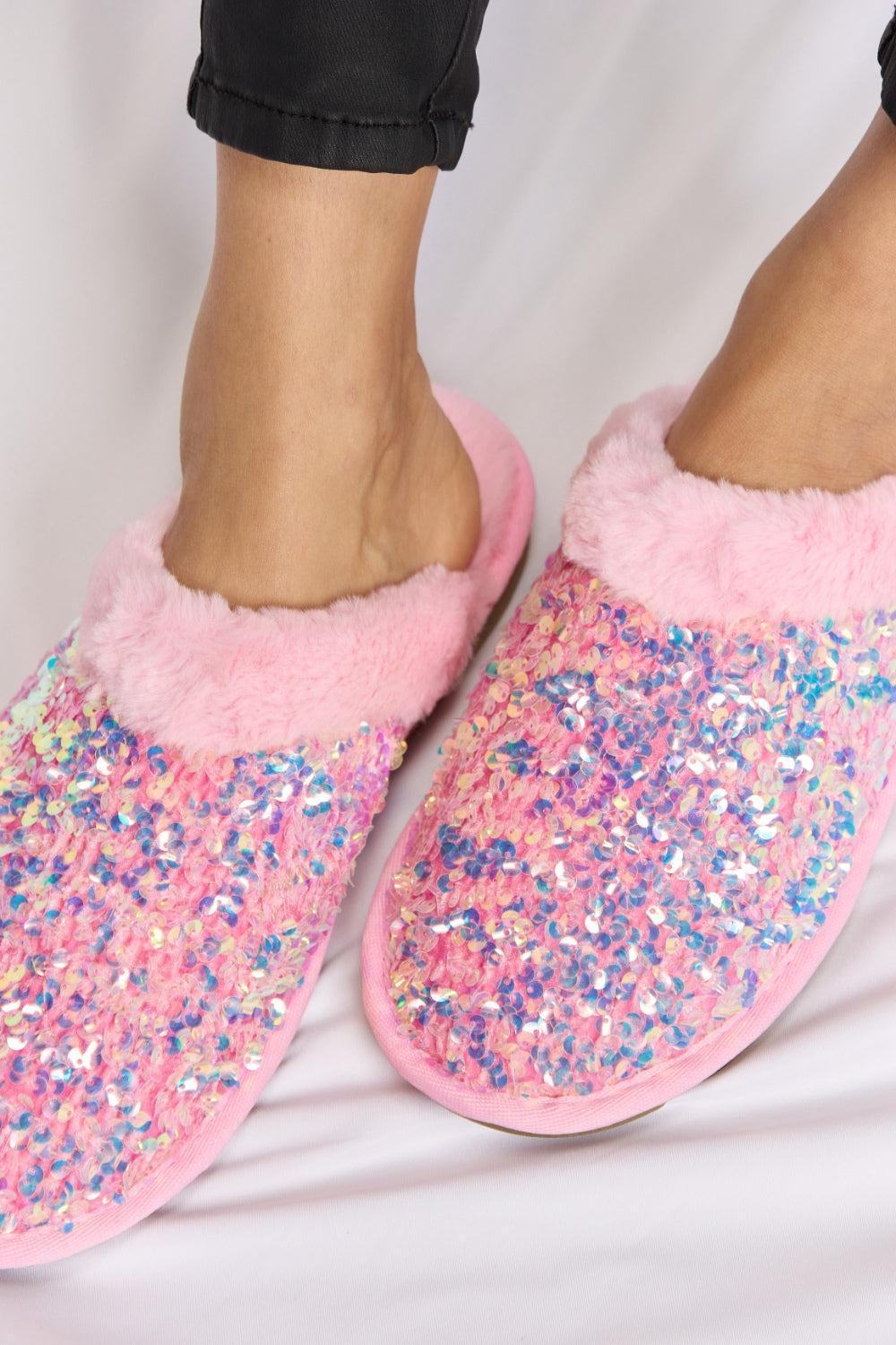 Pink Sequin Plush Slippers Product Image