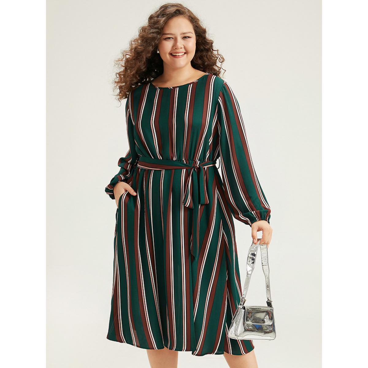 Plus Size Striped Contrast Crew Neck Belted Dress Multicolor Women Office Elastic cuffs Round Neck Long Sleeve Curvy Midi Dress BloomChic 10/M Product Image
