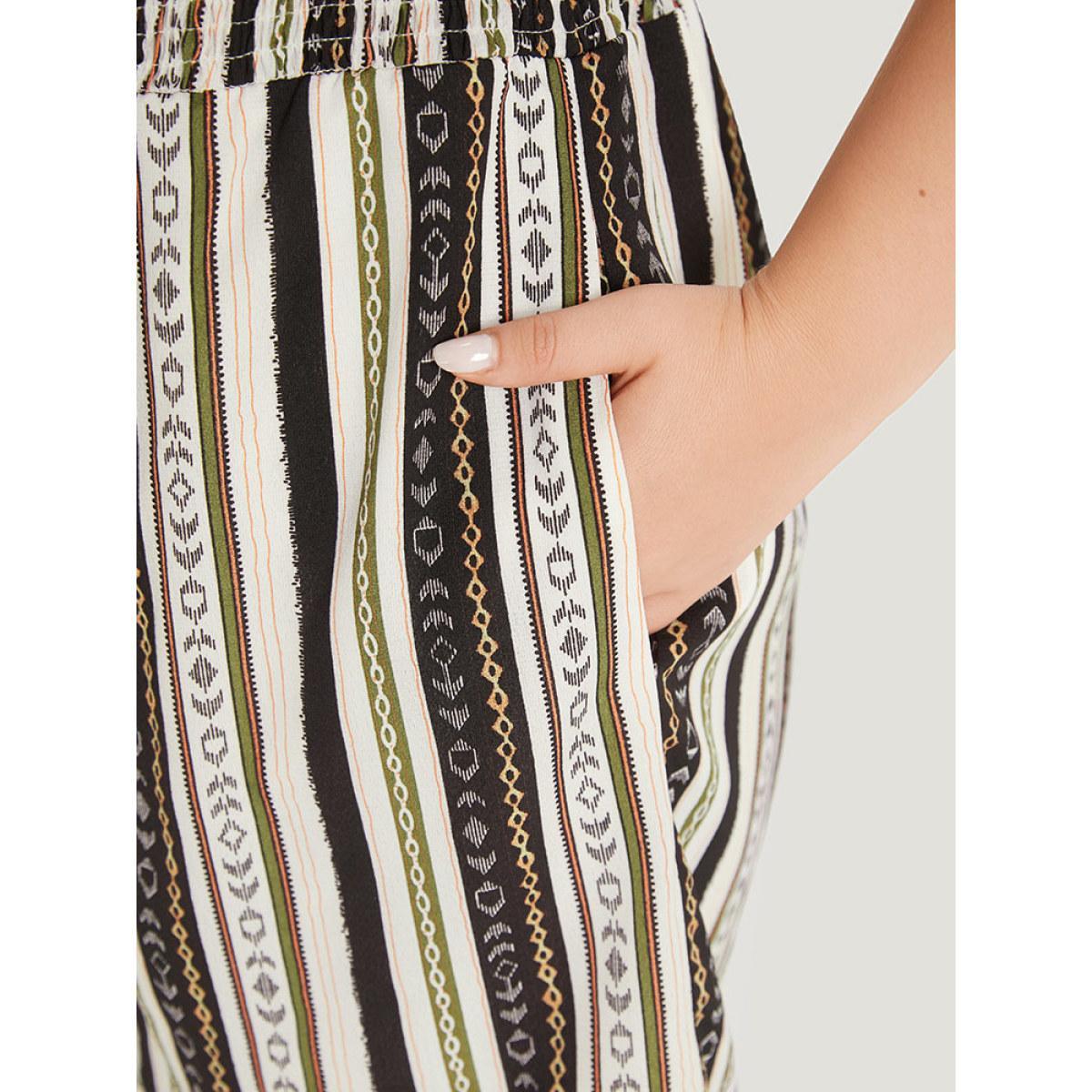 Plus Size Multicolor Boho Print Shirred Cut Out Tassel Trim Romper Women Elegant Short sleeve V-neck Dailywear Loose Jumpsuits BloomChic 28/5X Product Image
