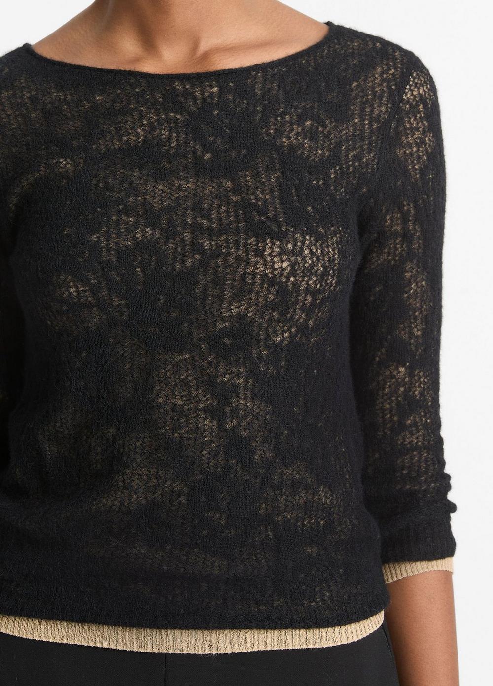 Womens Lace-stitch Italian Alpaca-Blend Layered Sweater, Black/gold Cliff, Size XS Vince Product Image