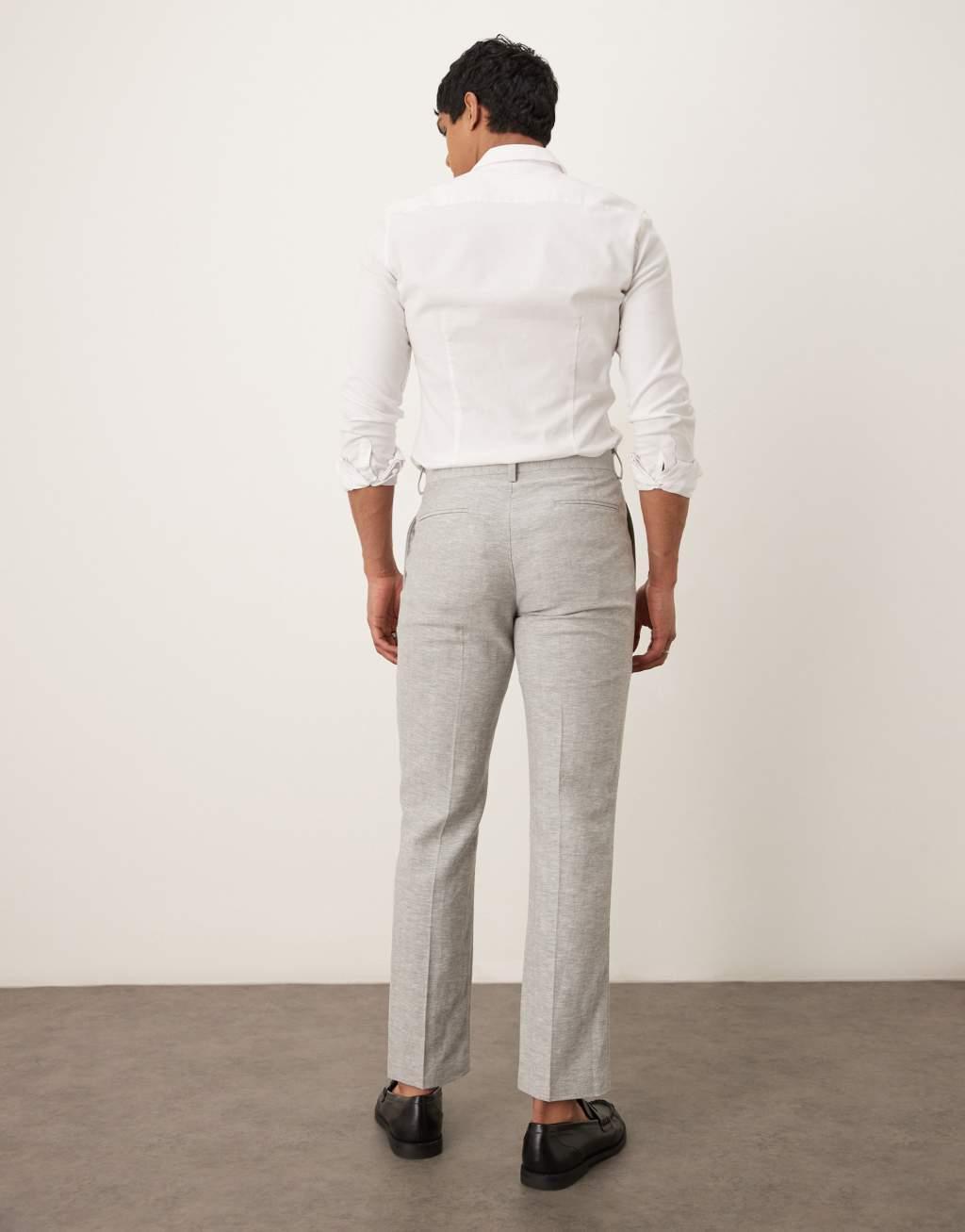 ASOS DESIGN linen cotton blend slim suit pants in gray herringbone Product Image