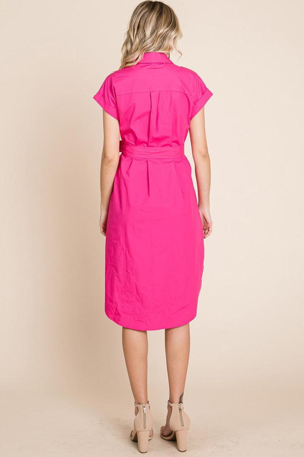 Button Up Tie Waist Poplin Pocketed Shirt Dress Female Product Image