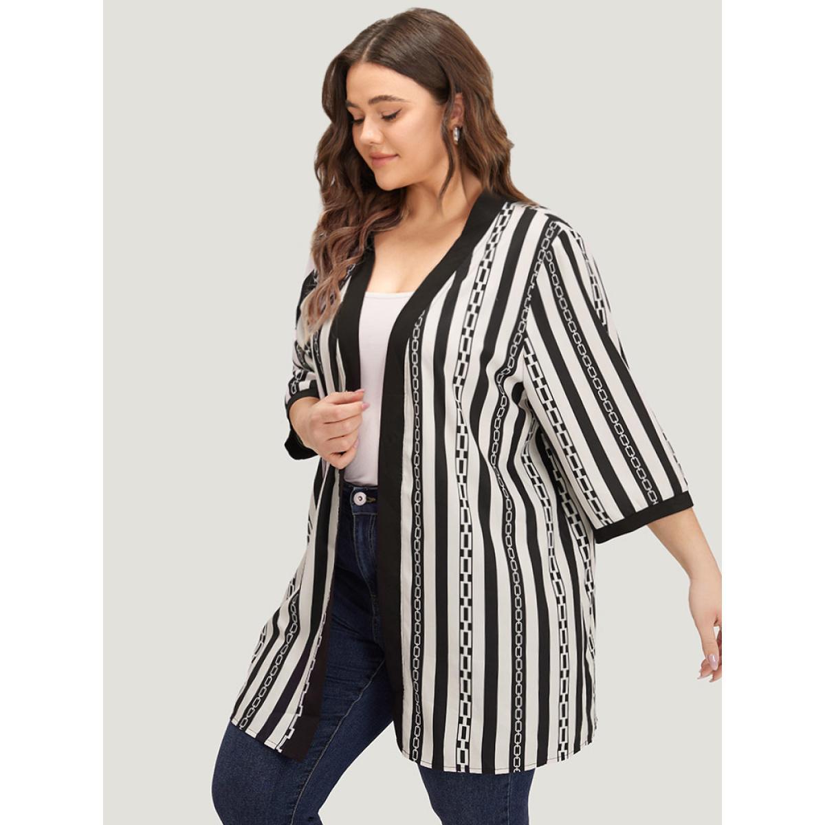 Plus Size Striped Patchwork Contrast Open Front Kimono Women Black Casual Contrast Loose Dailywear Kimonos BloomChic 30/6X Product Image