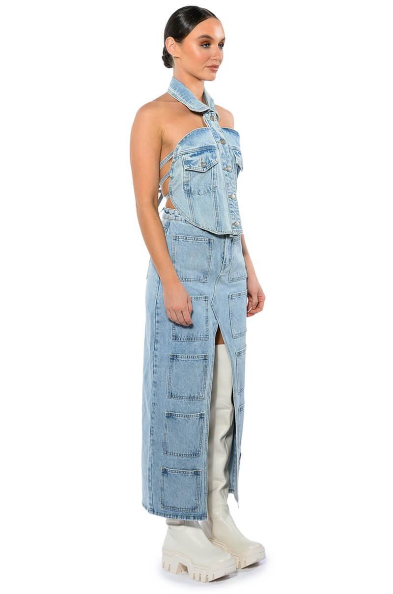 ANGELICA DENIM BUTTON DOWN COLLAR CORSET TOP Product Image