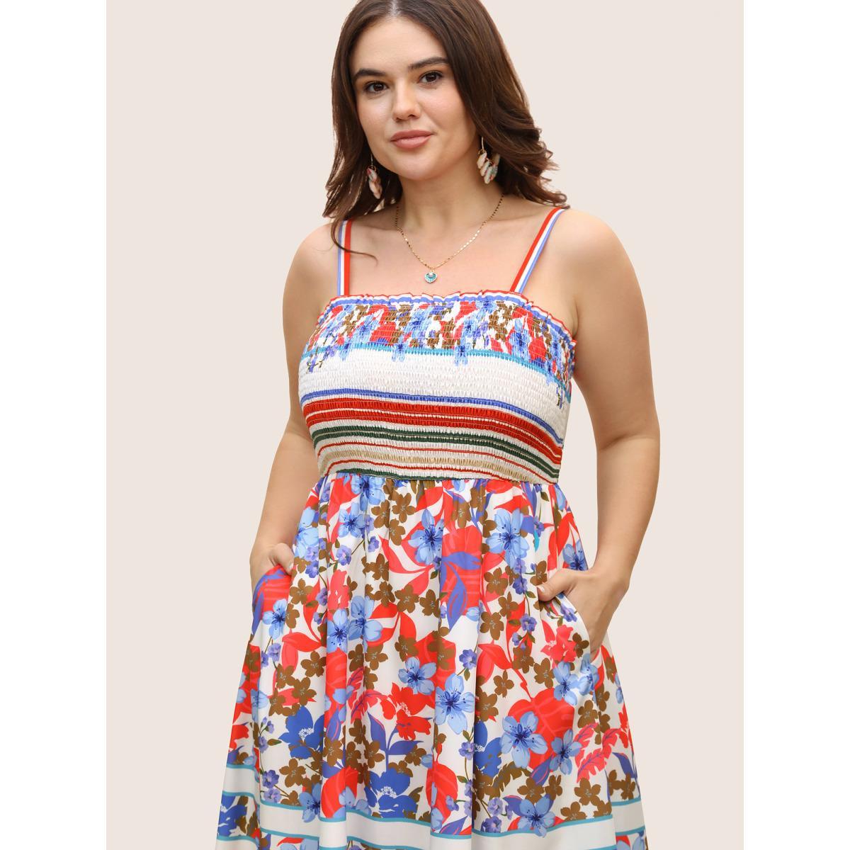 Plus Size Floral Print Shirred Cami Midi Dress Originalwhite Women Resort Square Neck Sleeveless Curvy BloomChic 12/L Product Image