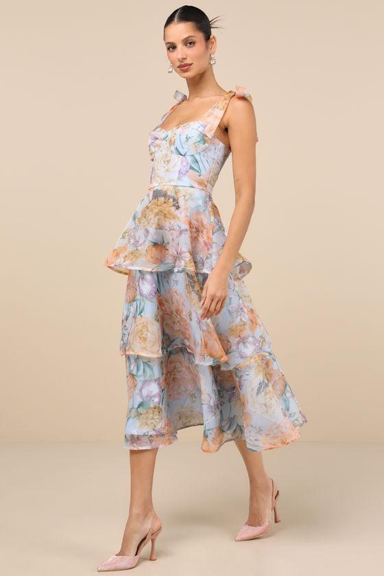 Playfully Posh Blue Floral Organza Tie-Strap Tiered Midi Dress Product Image