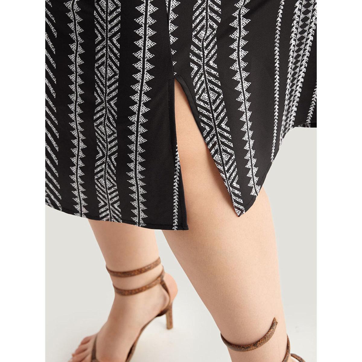 Plus Size Striped Boho Print Shirred Split Hem Dress Black Women Resort Elastic cuffs Notched collar Long Sleeve Curvy Midi Dress BloomChic 30/6X Product Image