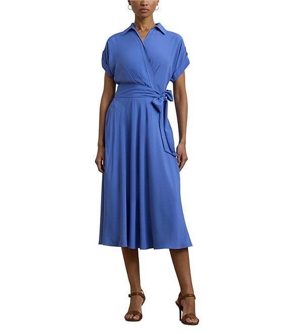 Lauren Ralph Lauren Crepe Spread Collar Neck Short Sleeve Tie Waist Belt A-Line Midi Dress Product Image