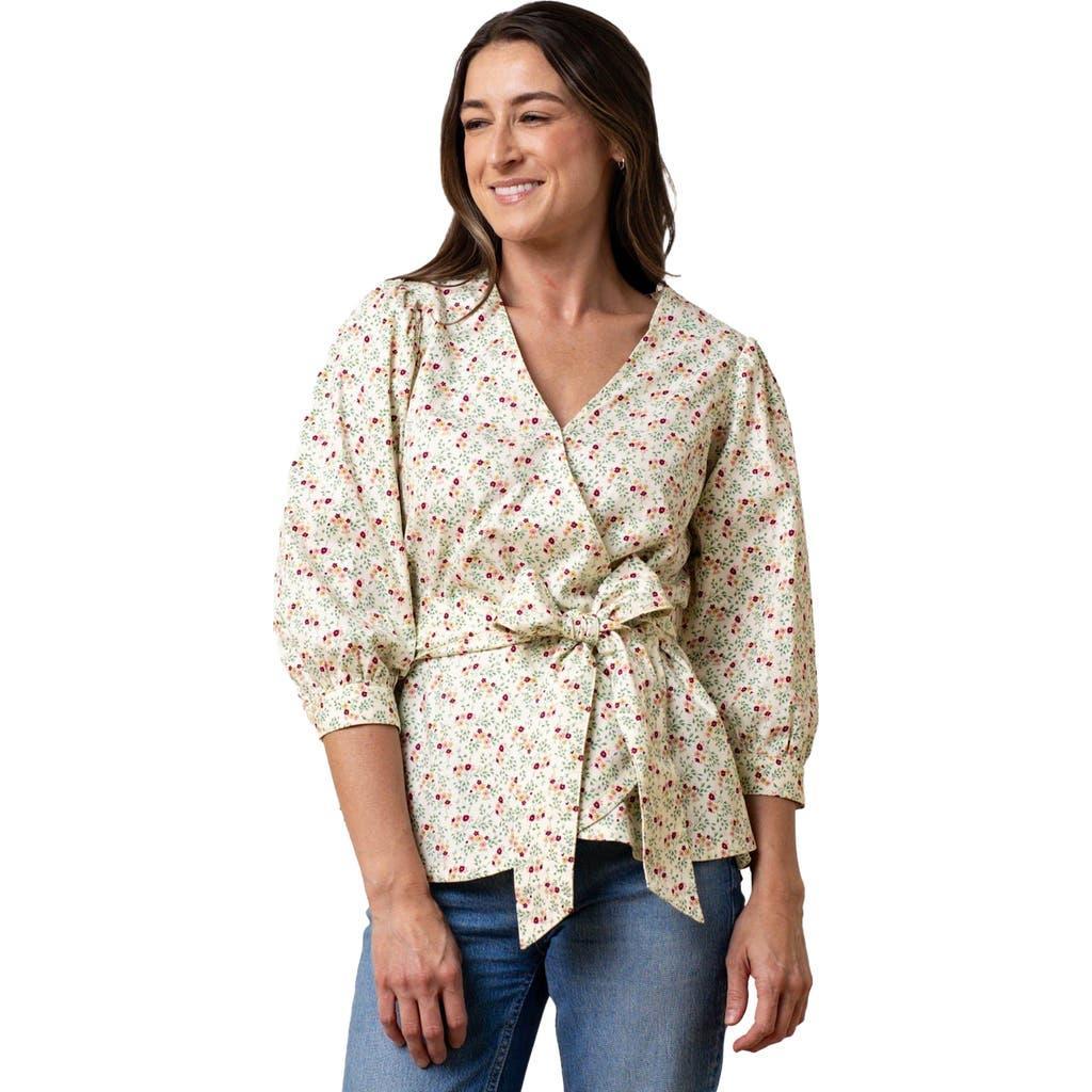 Hope & Henry Women's Puff Sleeve Wrap Top in Ivory And Navy Windowpane at Nordstrom, Size 4 Product Image