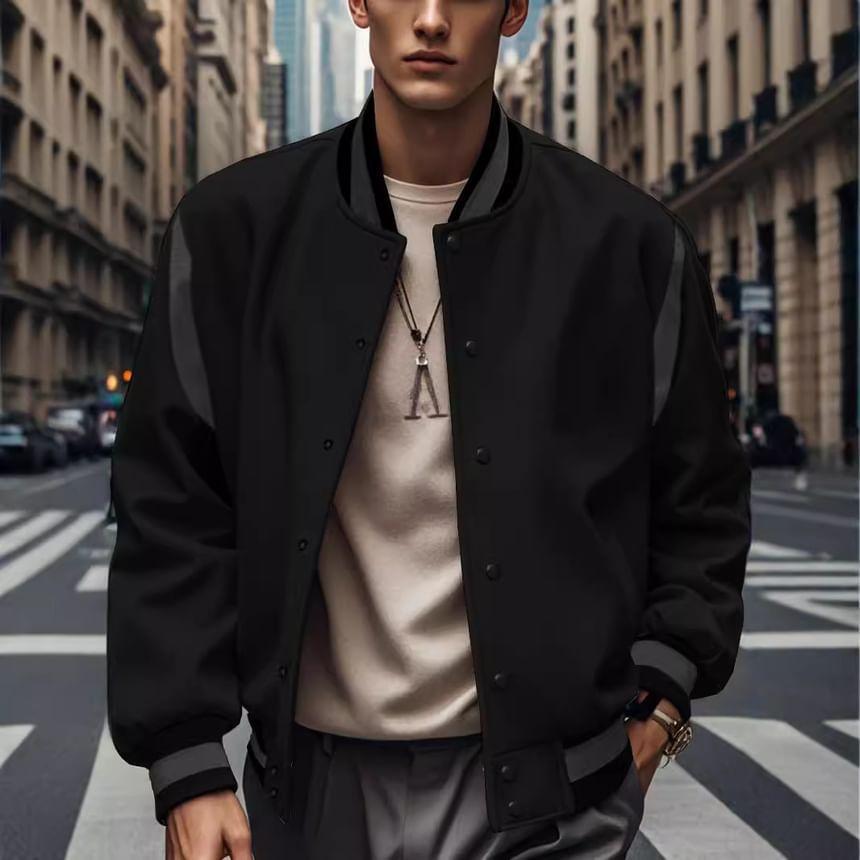 Contrast Trim Button-Up Baseball Jacket Product Image