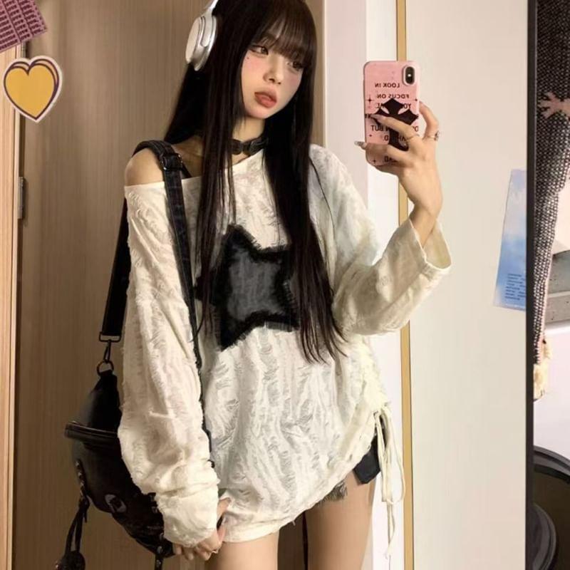 Long Sleeve One Shoulder Star Applique Distressed Drawstring Top Product Image