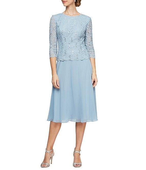 Alex Evenings Crew Neck 3/4 Sleeve Sequin Floral Lace Bodice Chiffon A-Line Midi Dress Product Image