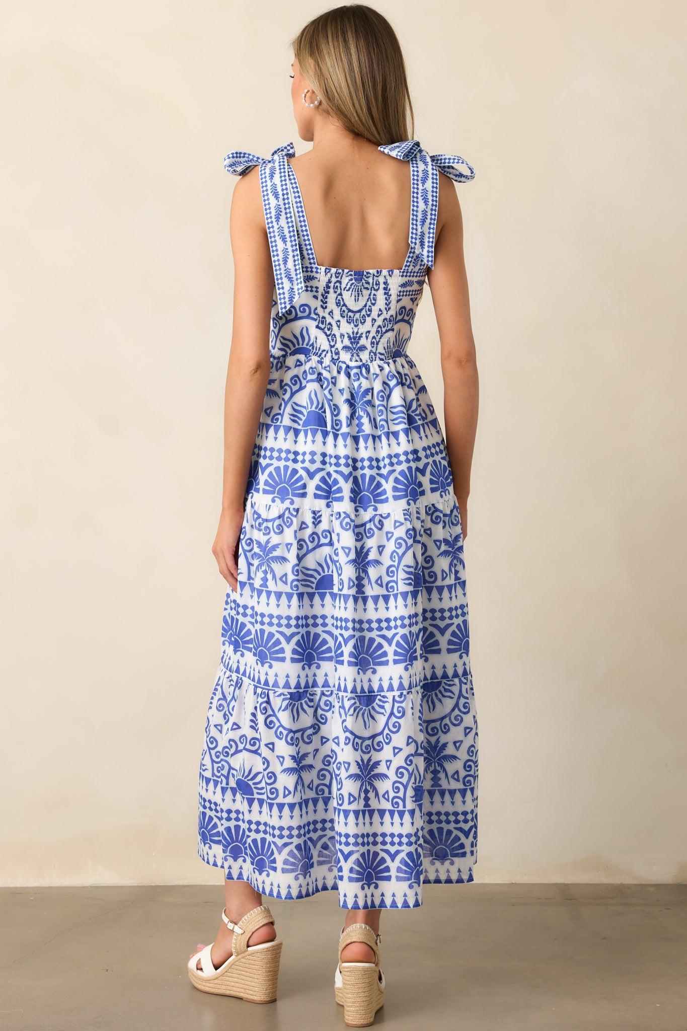 Afternoon Sips Cotton Blue Tropical Print Maxi Dress Product Image