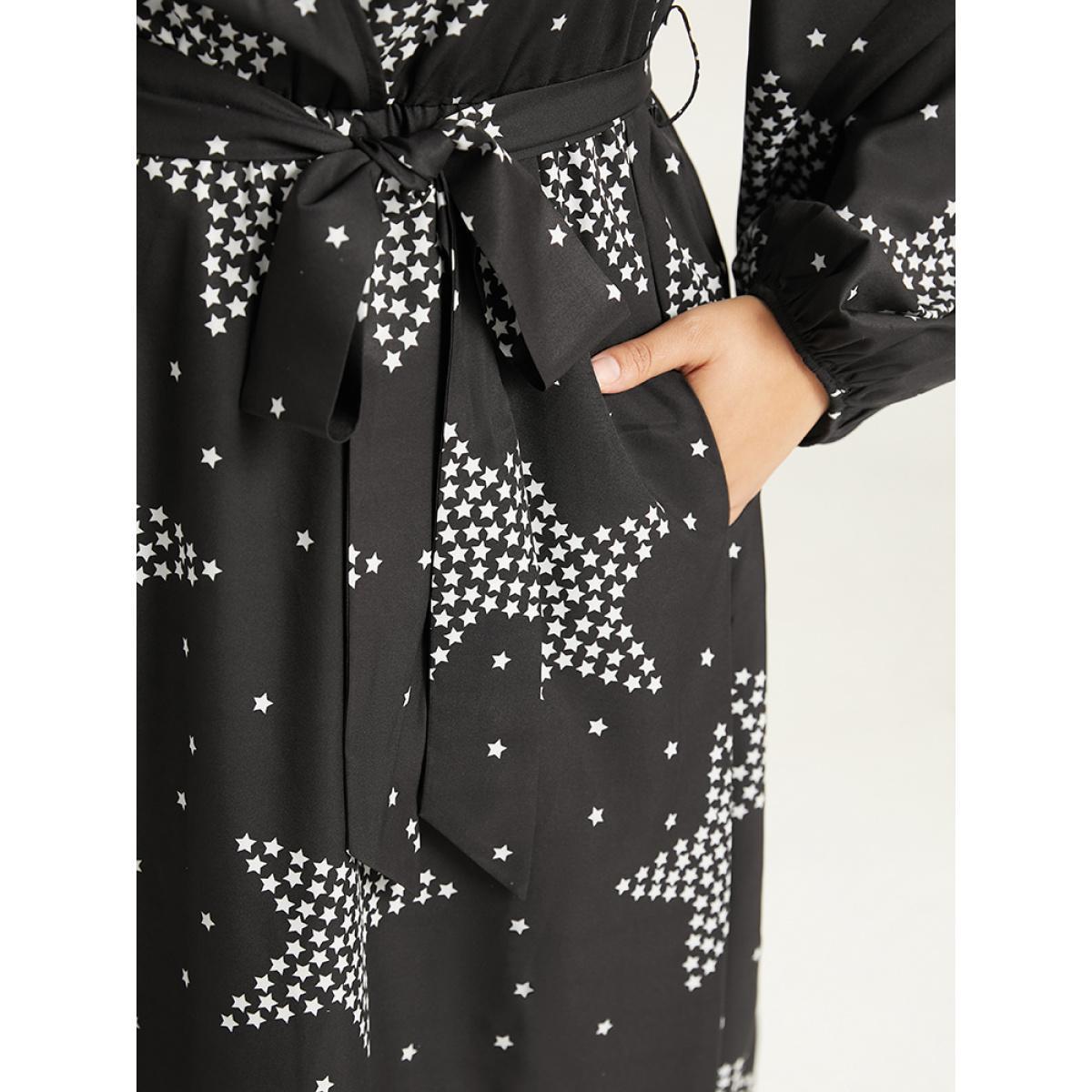 Plus Size Star Print Wrap Belted Lantern Sleeve Dress Black Women Casual Elastic cuffs V-neck Long Sleeve Curvy Midi Dress BloomChic 12/L Product Image