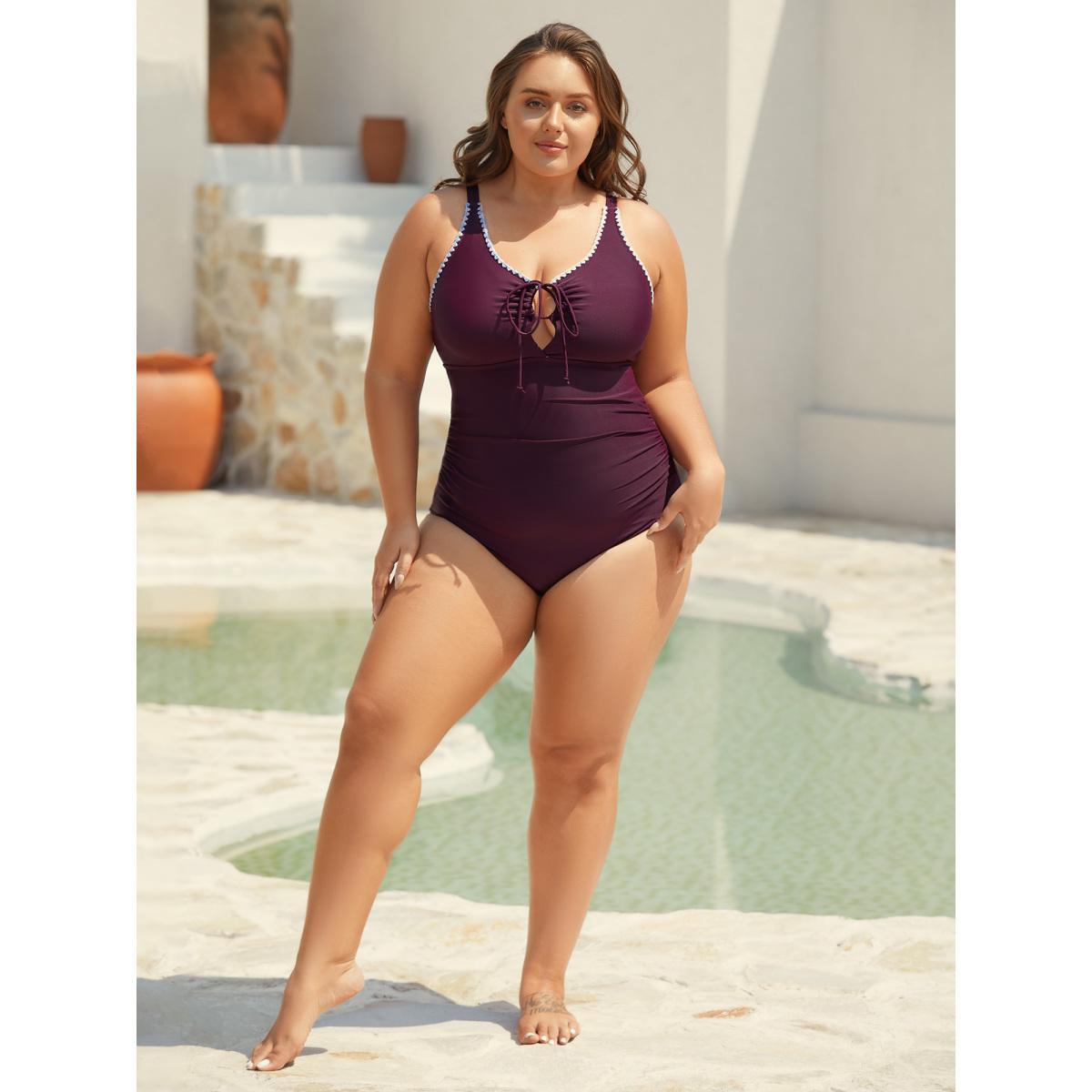 Plus Size Bust Drawstring Keyhole One-Piece Swimsuit Women's Swimwear Plum Beach Tie knot Curve Bathing Suits High stretch One Pieces BloomChic 28/5X Product Image