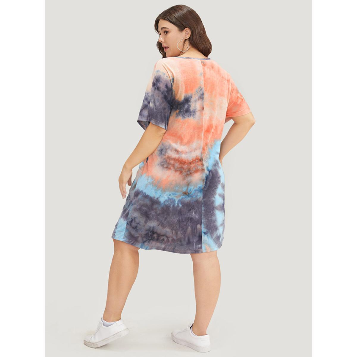Plus Size Tie Dye Pocket Knotted Front Batwing Sleeve Knee Dress Multicolor Women Casual Knotted Round Neck Short sleeve Curvy Knee Dress BloomChic 28/5X Product Image