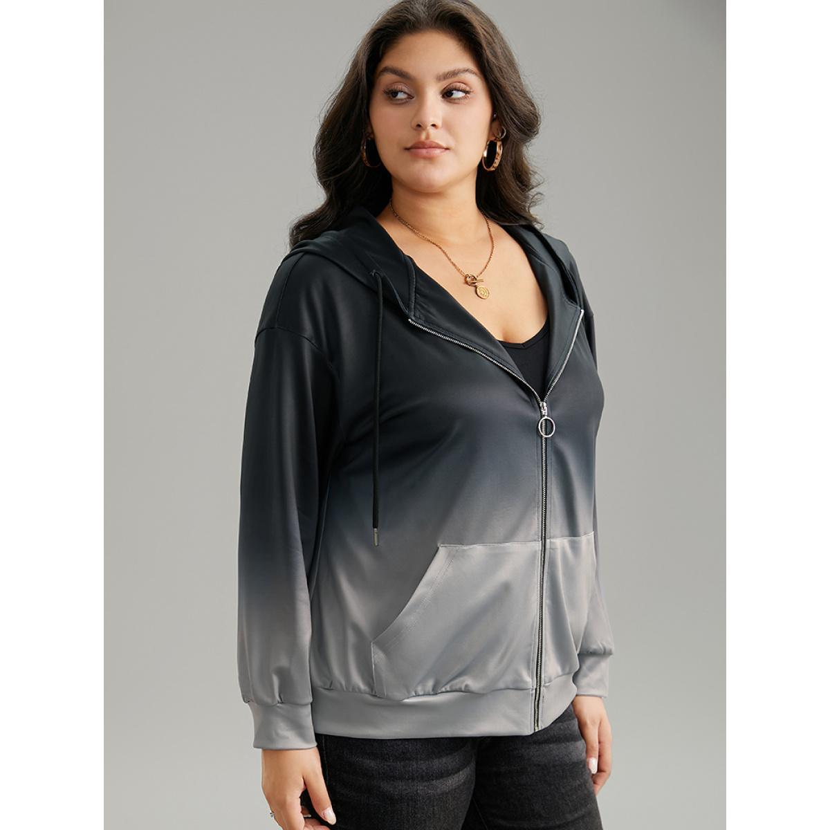 Plus Size Ombre Contrast Zipper Pocket Drawstring Jacket Women Gray Contrast Pocket Dailywear Jackets BloomChic 10/M Product Image