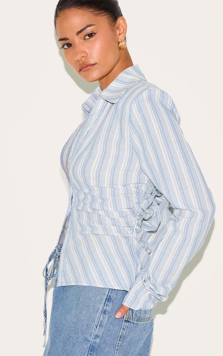 Petite Blue Stripe Linen Look Shoulder Padded Fitted Shirt Product Image