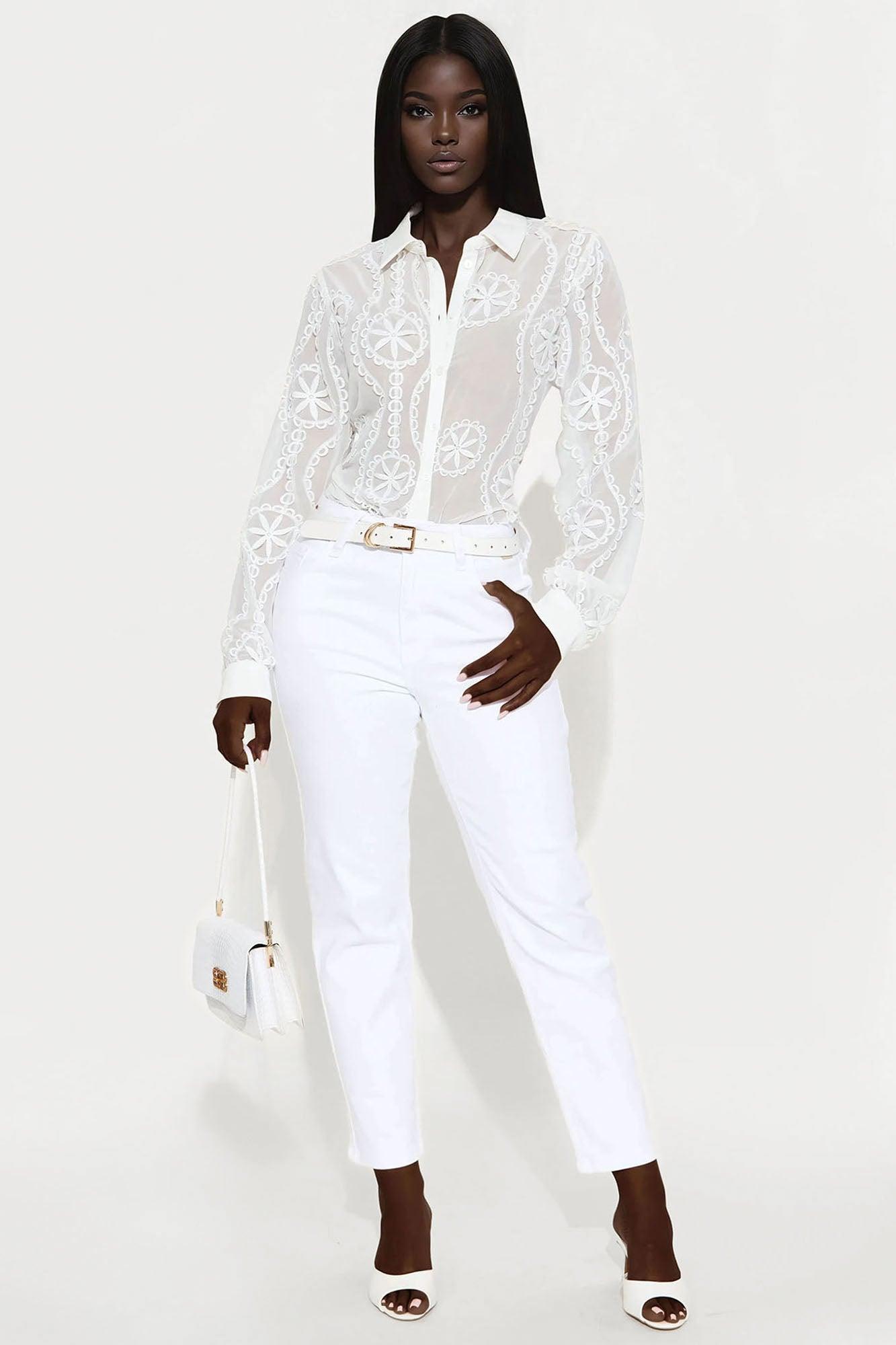 Brunch Lady Floral Embroidery Chiffon Shirt - White Product Image