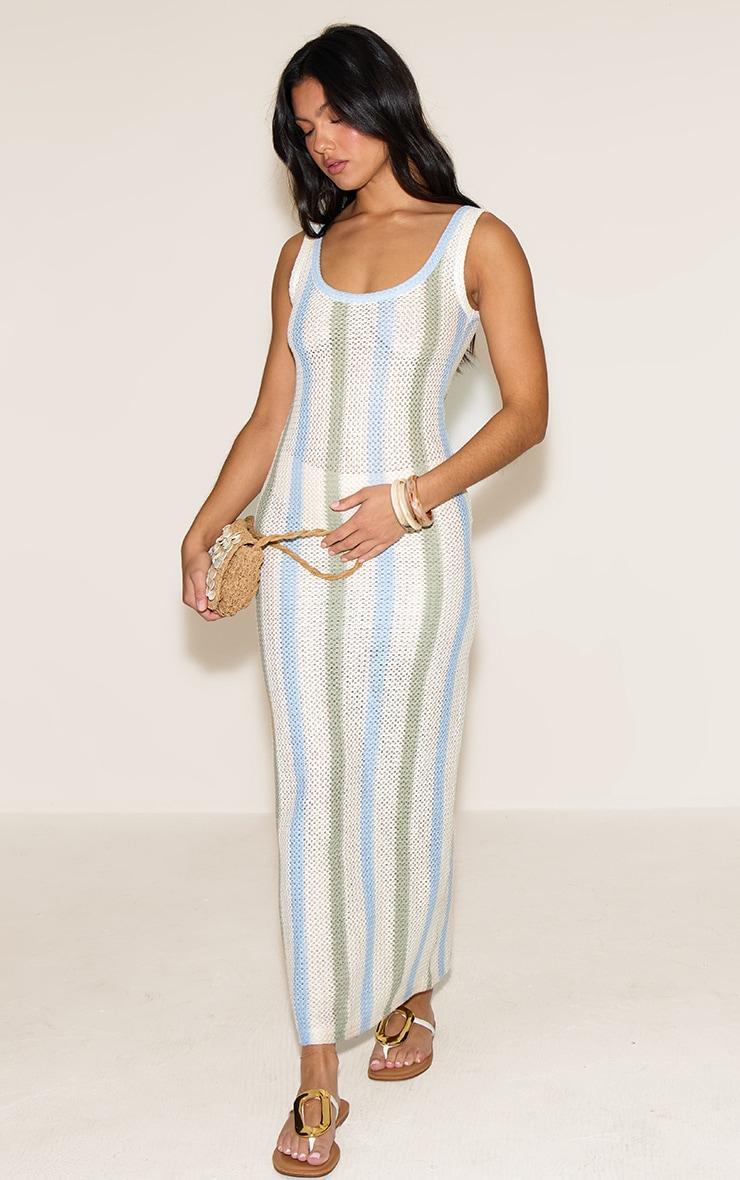 Blue Striped Textured Scoop Neck Maxi Dress Product Image