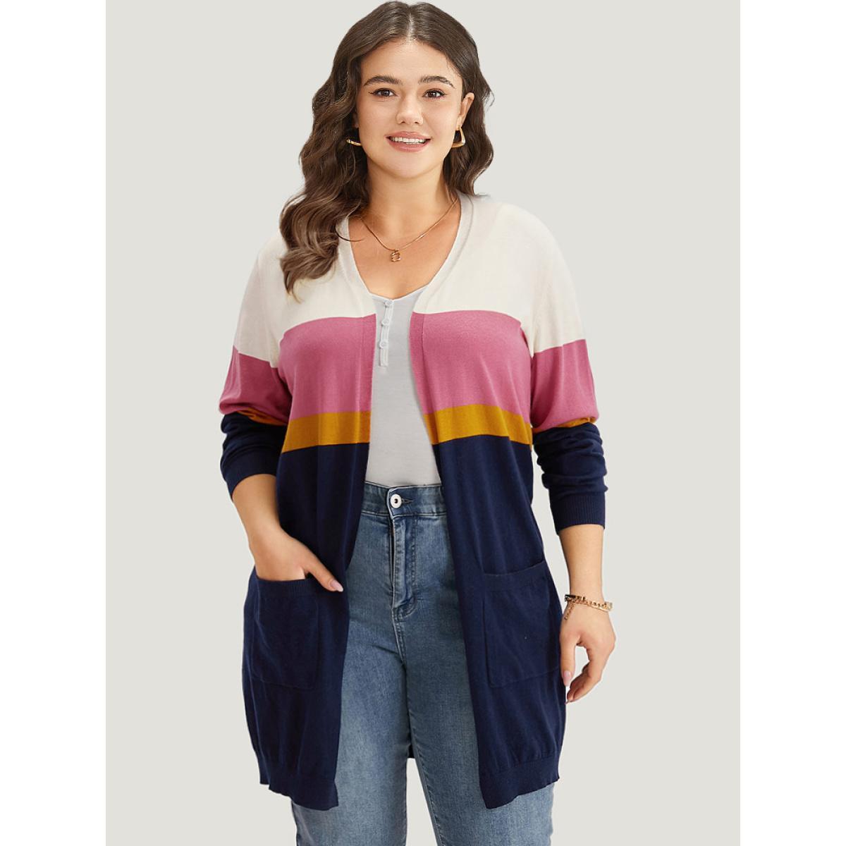 Plus Size Supersoft Essentials Contrast Open Front Tunic Cardigan Multicolor Women Casual Loose Long Sleeve Dailywear Cardigans BloomChic 18-20/2X Product Image