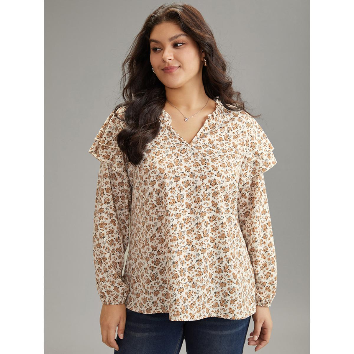 Plus Size Apricot Ditsy Floral Notched Tiered Ruffles Lantern Sleeve Blouse Women Elegant Long Sleeve Notched collar Dailywear Blouses BloomChic 22-24/3X Product Image