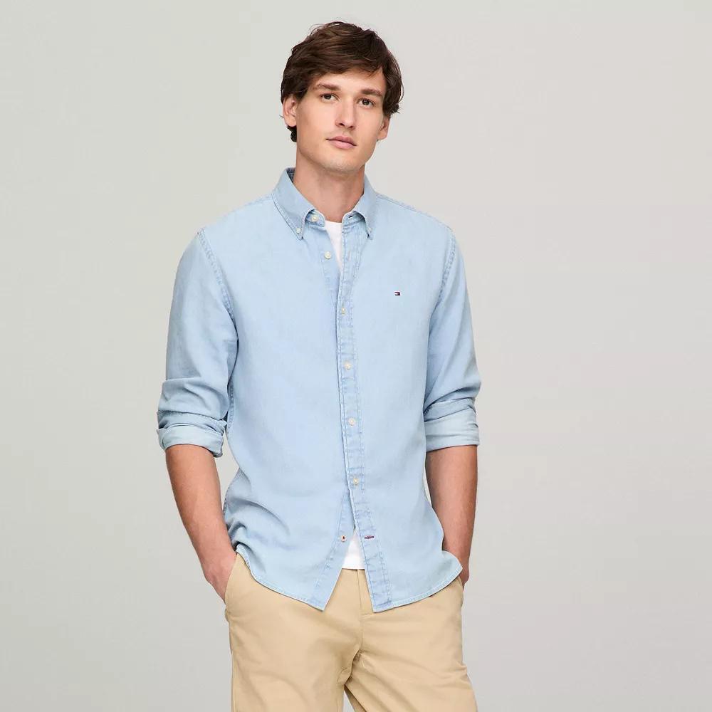 Men's Tommy Hilfiger Natural Plaid Soft Poplin Shirt, Size: XXL, Light Wash Blue Product Image