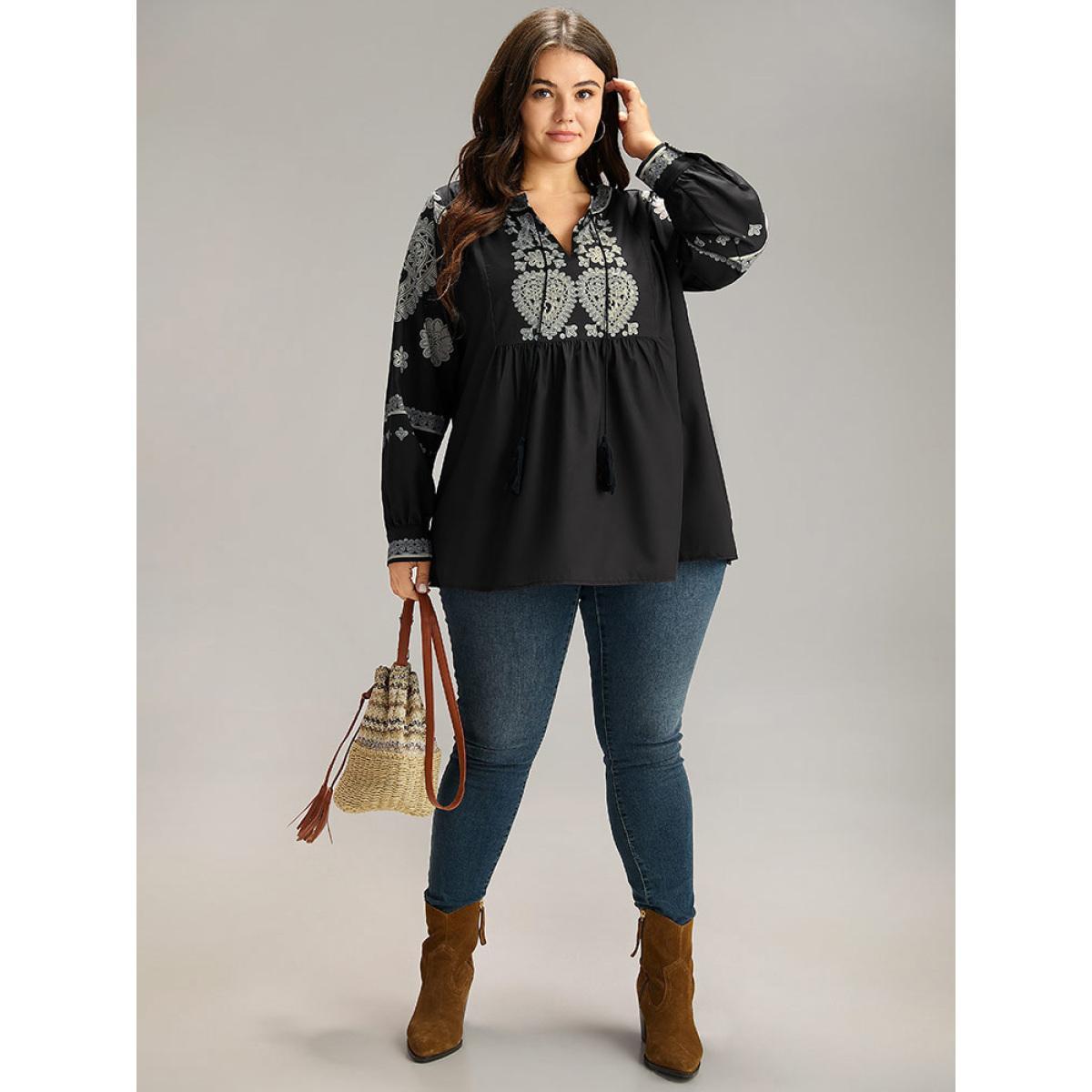 Plus Size BlackFlower Boho Print Tie Neck Tassel Gathered Blouse Women Vacation Long Sleeve Tie Neck Vacation Blouses BloomChic 12/L Product Image