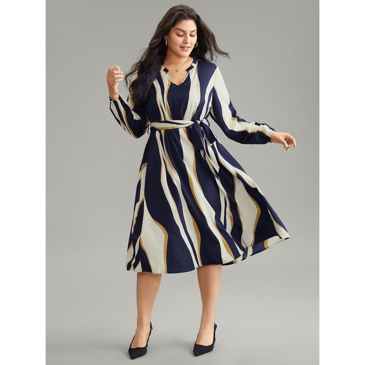 Plus Size Colorblock Striped Notched Belted Lantern Sleeve Dress Black Women At the Office Elastic cuffs Notched collar Long Sleeve Curvy Midi Dress BloomChic 30/6X Product Image