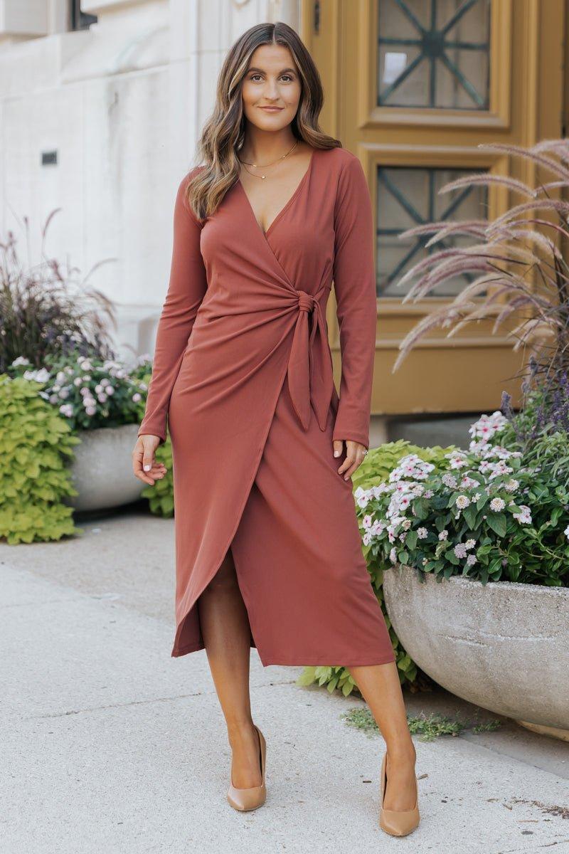 Surplice Ribbed Midi Wrap Dress - Brick - FINAL SALE Female Product Image