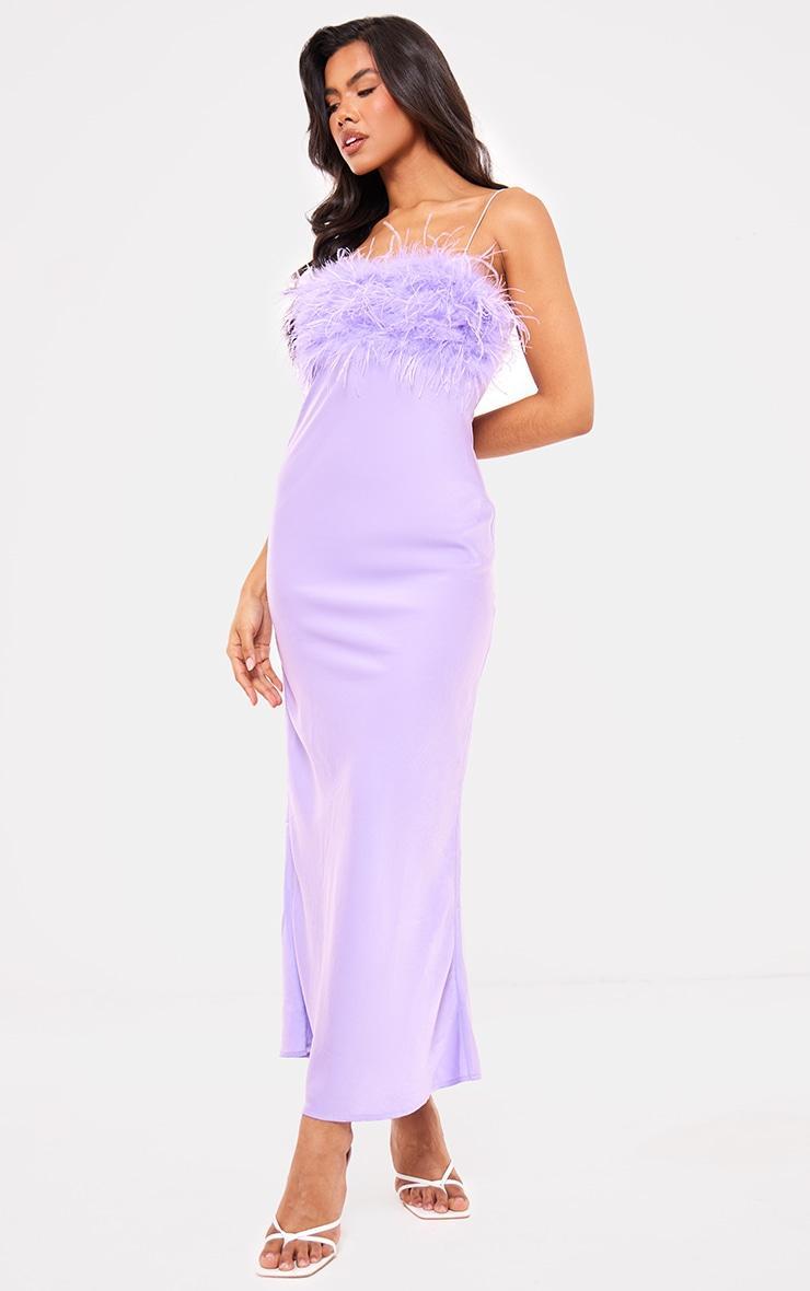 Lilac Satin Feather Bust Detail Maxi Dress Product Image