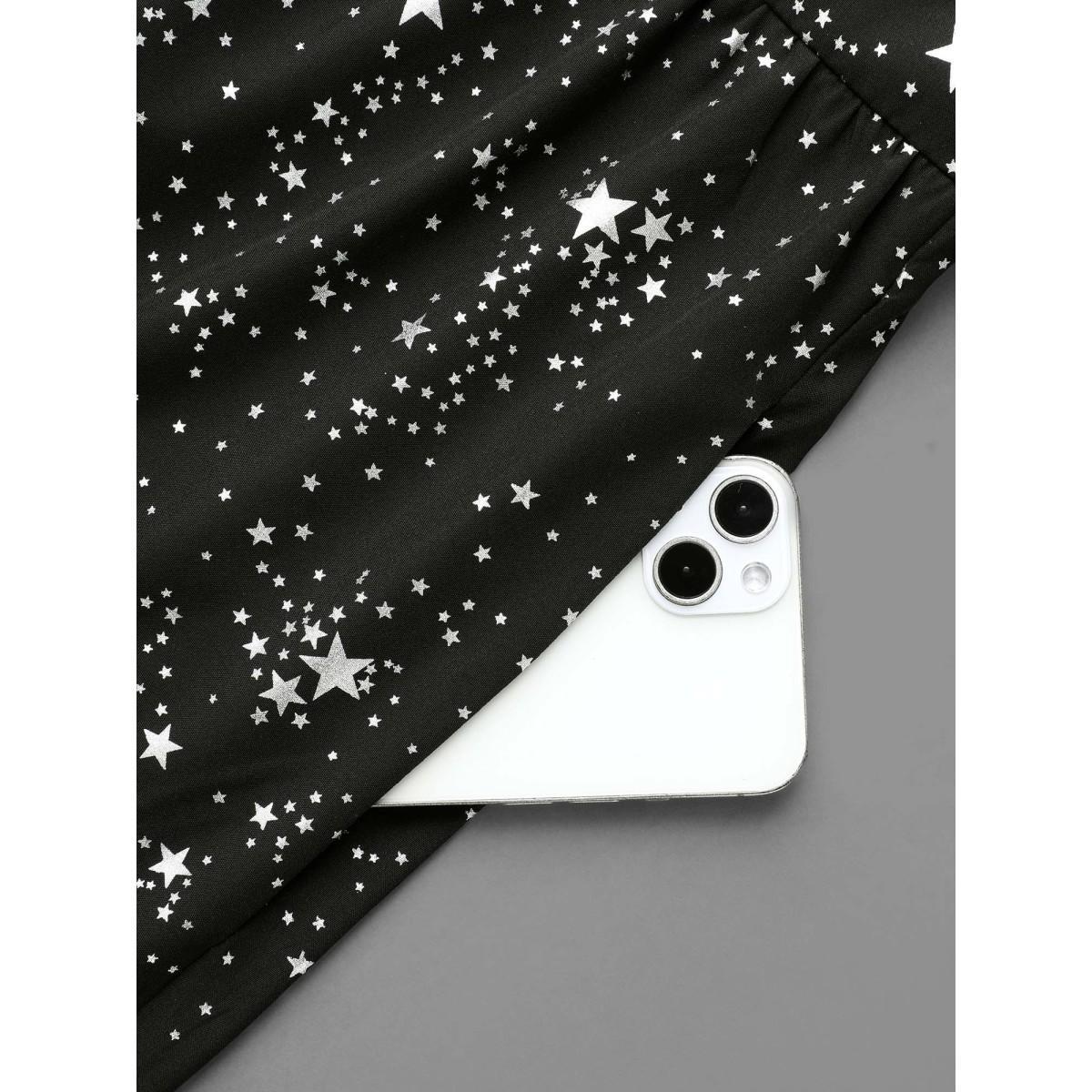 Plus Size Glitter Star Flutter Sleeve Chiffon Dress Black Women Cocktail Gathered Knit Dresses Bloomchic 18-20/2X Product Image
