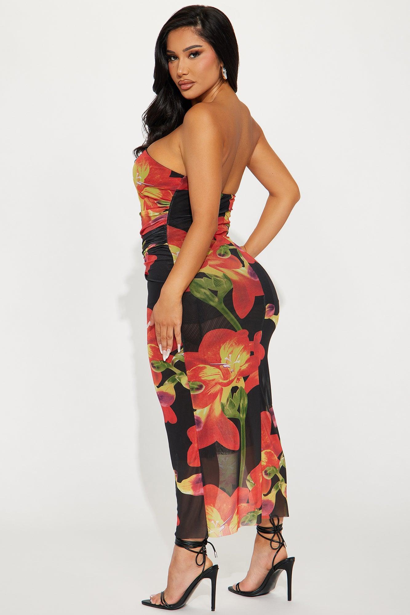 Eliza Floral Mesh Midi Dress - Black/Red Product Image